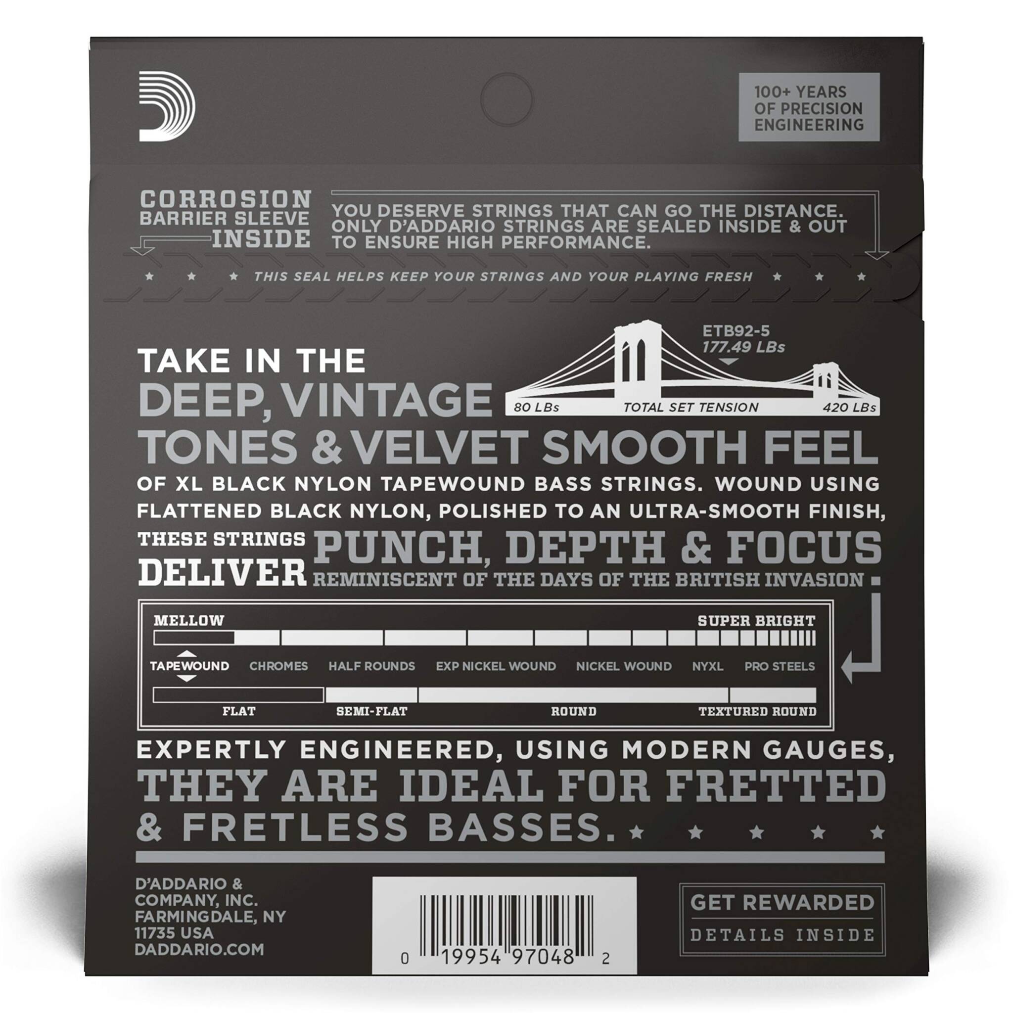 D'Addario ETB92-5 XL Nylon Tapewound Bass Guitar Strings - .050-.135 ...