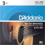 D'Addario EJ11-3D 80/20 Bronze Acoustic Guitar Strings - .012-.053 Light (3-pack)