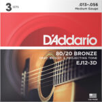 D'Addario EJ12-3D 80/20 Bronze Acoustic Guitar Strings - .013-.056 Medium - 3 Pack