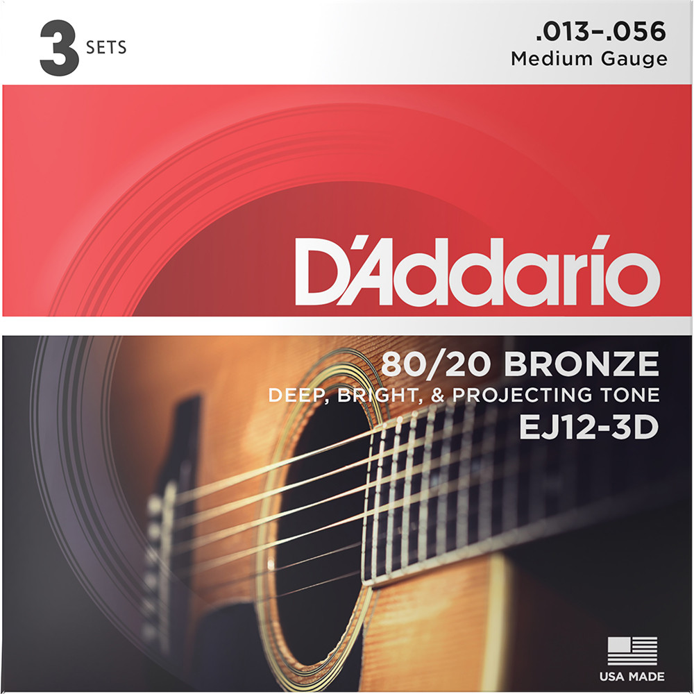 D'Addario EJ12-3D 80/20 Bronze Acoustic Guitar Strings - .013-.056 Medium - 3 Pack
