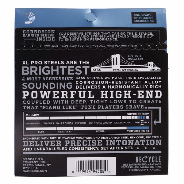 D'Addario EPS170-5 XL Pro Steels Bass Guitar Strings - .045-.130 Medium Long Scale 5-string - Image 2
