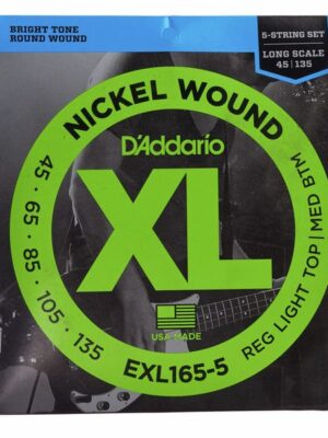 D'Addario EXL165-5 Nickel Wound Bass Guitar Strings - .045-.135 Regular Light Top/Medium Bottom Long Scale 5-string
